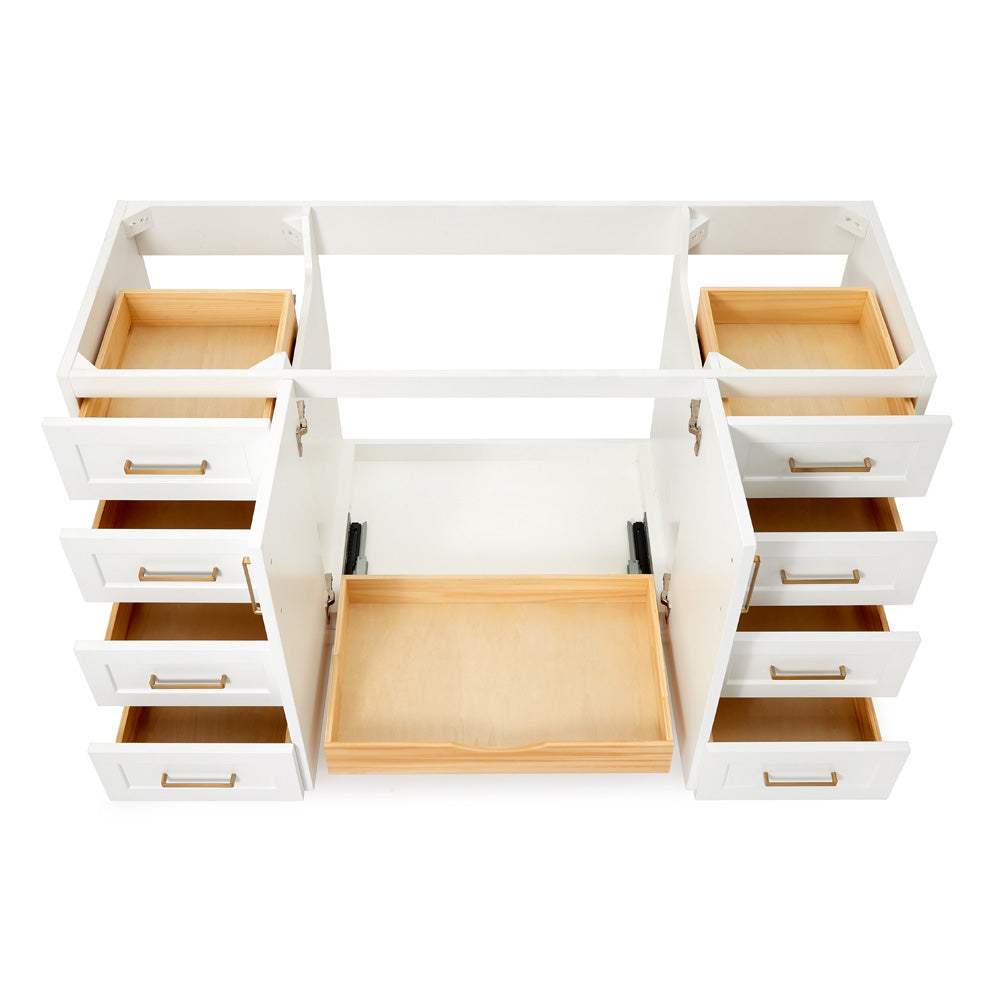 Emilia 60-inch White base cabinet on white back ground front view open door