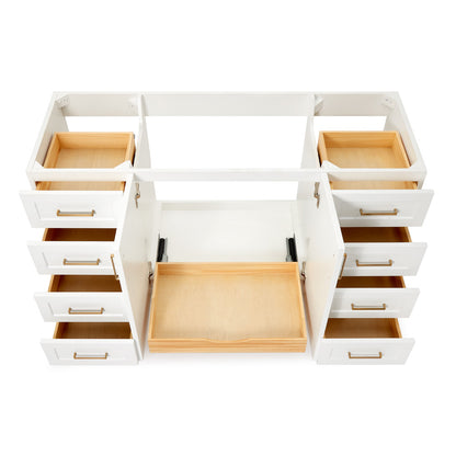 Emilia 60-inch White base cabinet on white back ground front view open door