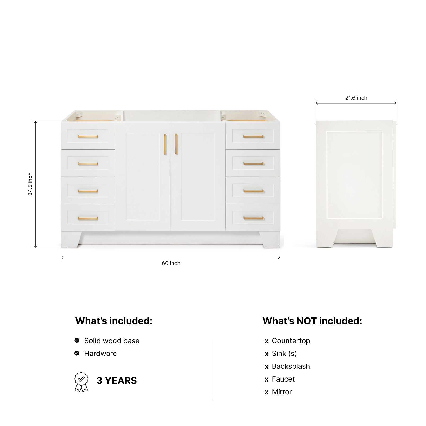 Emilia 60-inch White base cabinet on dimensions