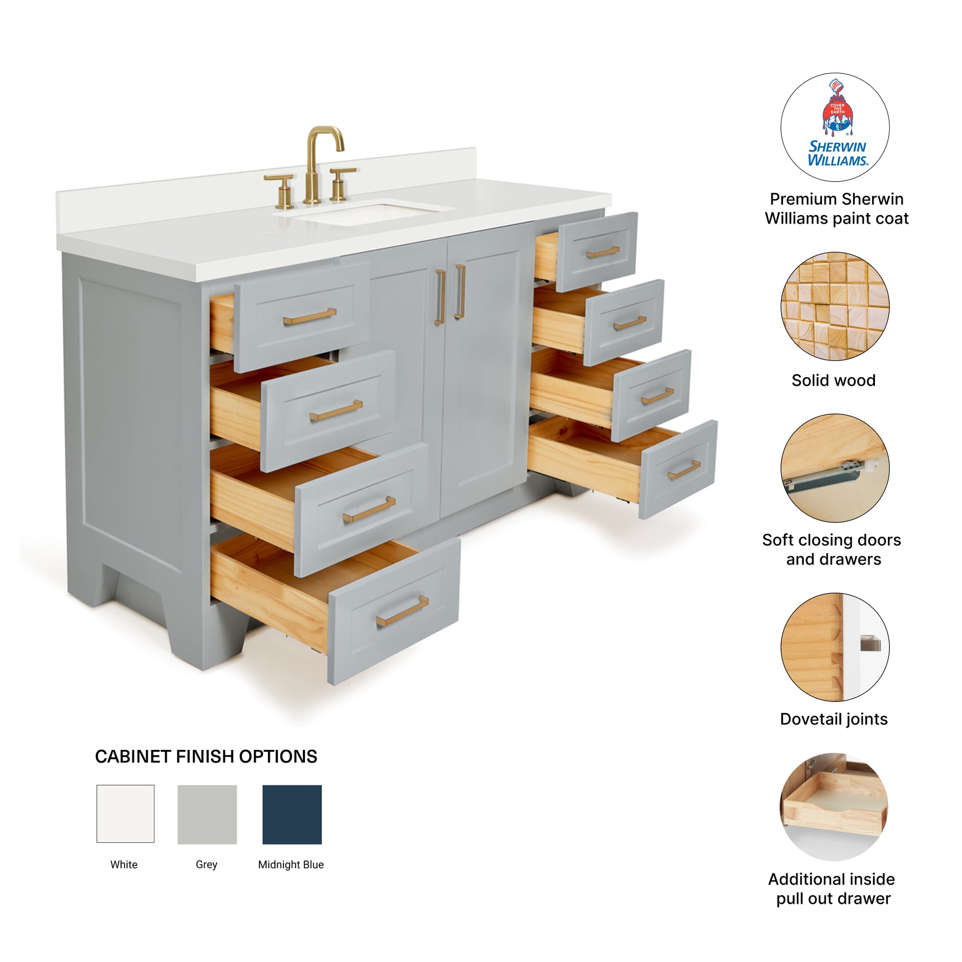 Emilia 60-Inch Grey bathroom vanity – feature highlights: solid wood frame, soft-close doors and drawers, Sherwin-Williams paint finish