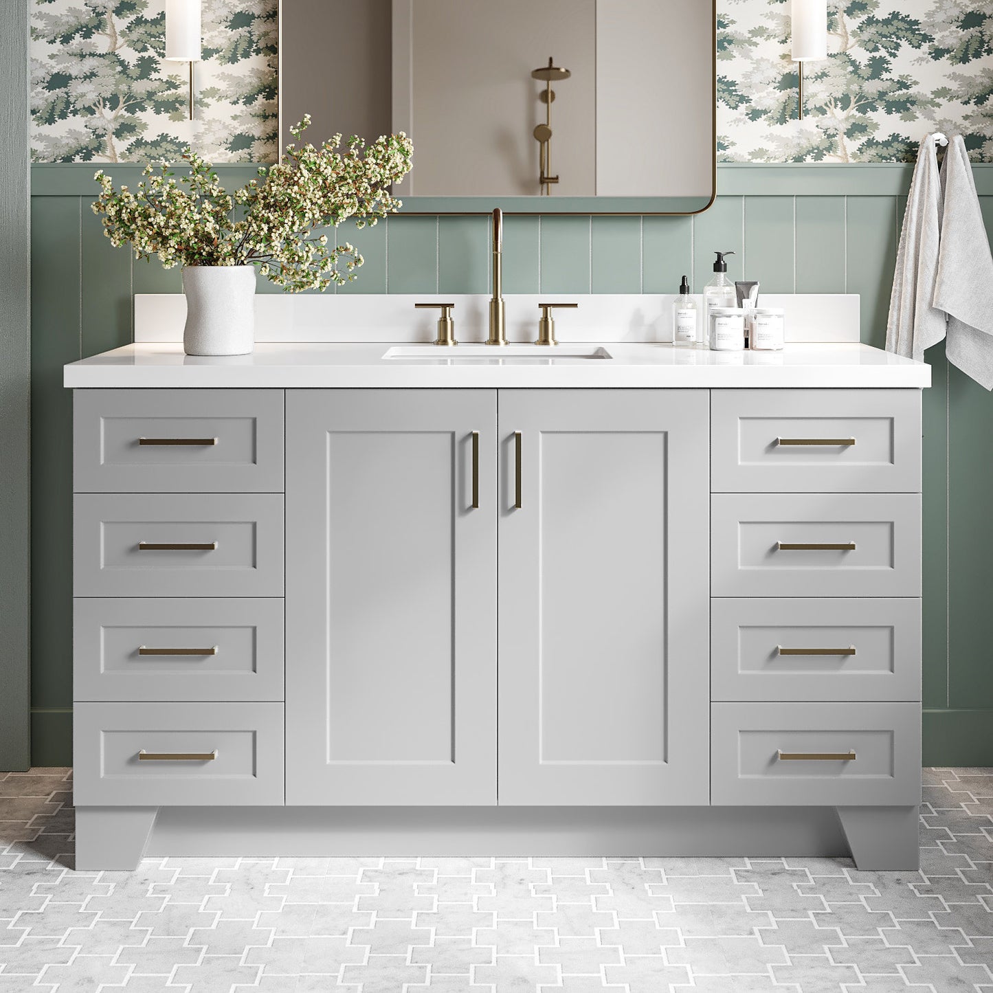 Emilia 60-Inch Grey bathroom vanity in styled bathroom setting