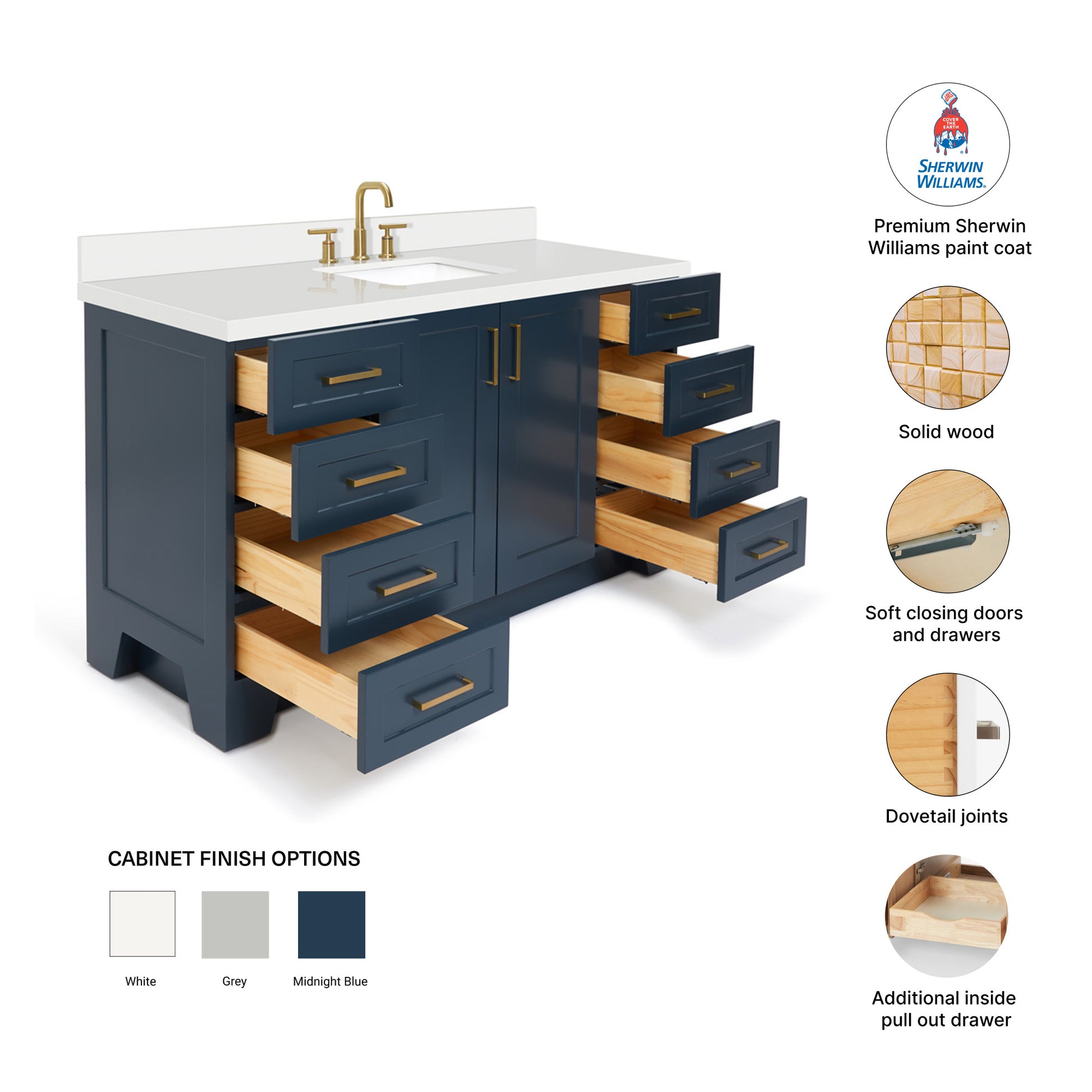 Emilia 60-Inch Midnight Blue bathroom vanity – feature highlights: solid wood frame, soft-close doors and drawers, Sherwin-Williams paint finish