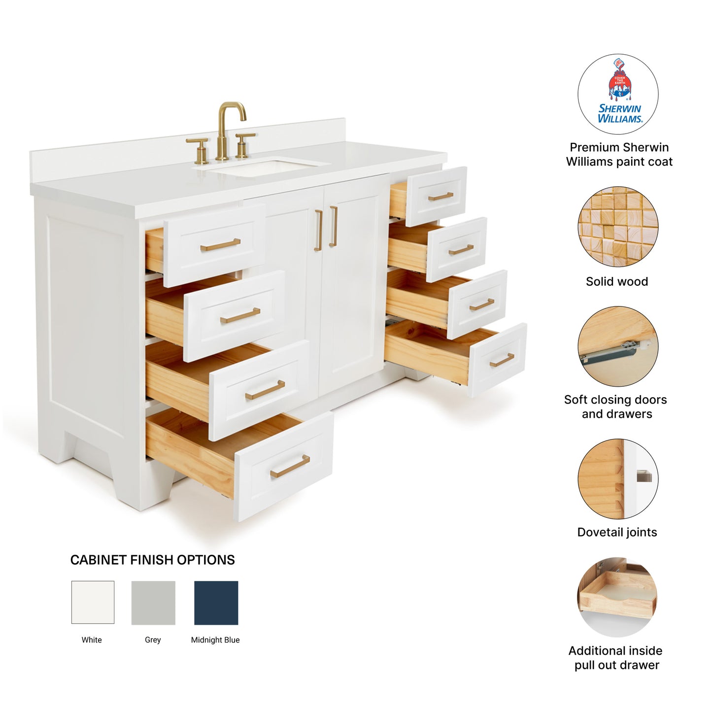 Emilia 60-Inch White bathroom vanity – feature highlights: solid wood frame, soft-close doors and drawers, Sherwin-Williams paint finish