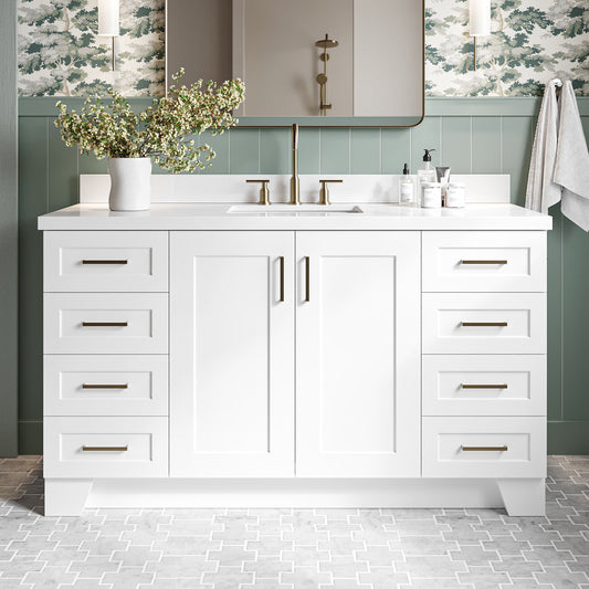 Emilia 60-Inch White bathroom vanity in styled bathroom setting