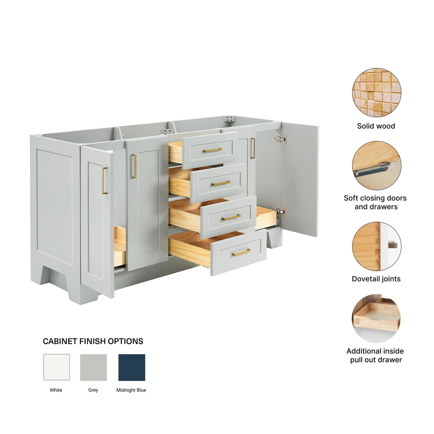 Emilia 66-inch Grey base cabinet on feature highlights: solid wood frame, soft-close doors and drawers, Sherwin-Williams paint finish