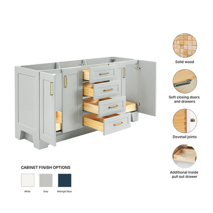Emilia 66-inch Grey base cabinet on feature highlights: solid wood frame, soft-close doors and drawers, Sherwin-Williams paint finish