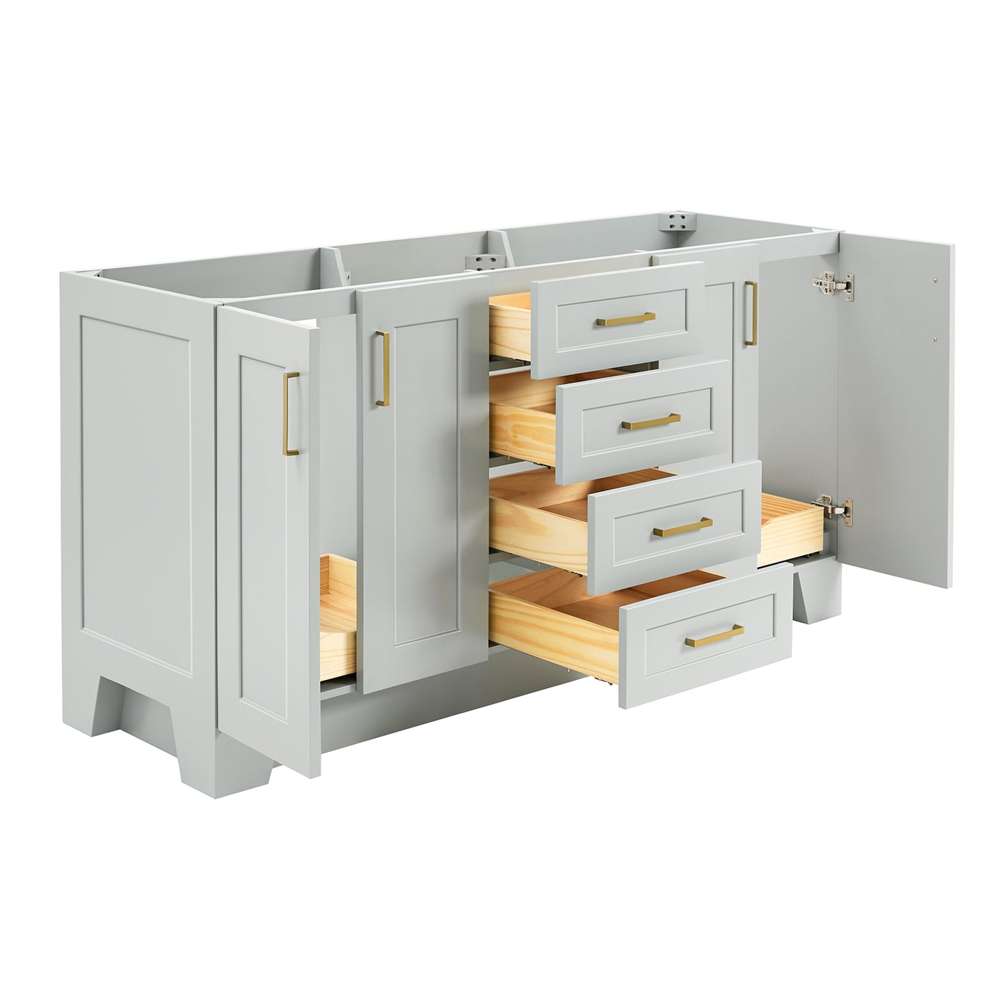 Emilia 66-inch Grey base cabinet on white back ground side view open door