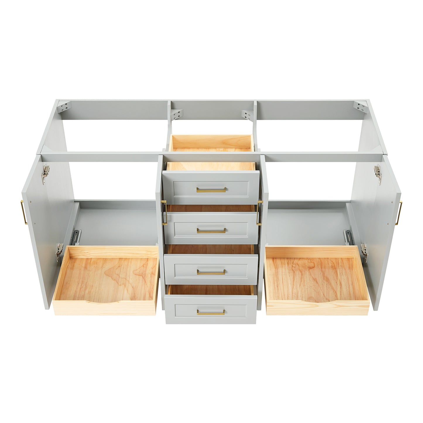 Emilia 66-inch Grey base cabinet on white back ground front view open door