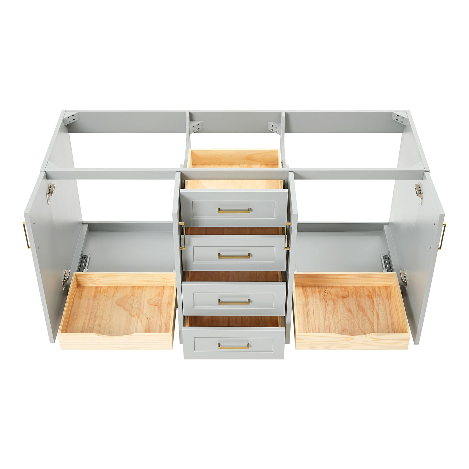 Emilia 66-inch Grey base cabinet on white back ground front view open door