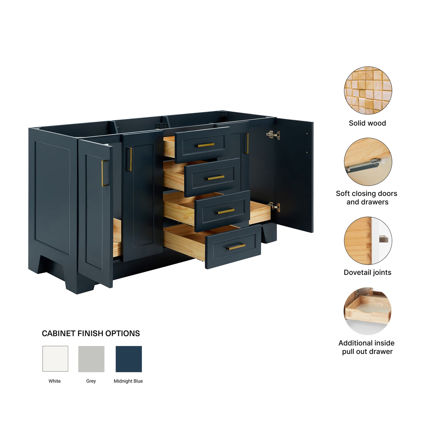 Emilia 66-inch Midnight Blue base cabinet on feature highlights: solid wood frame, soft-close doors and drawers, Sherwin-Williams paint finish