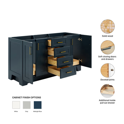 Emilia 66-inch Midnight Blue base cabinet on feature highlights: solid wood frame, soft-close doors and drawers, Sherwin-Williams paint finish