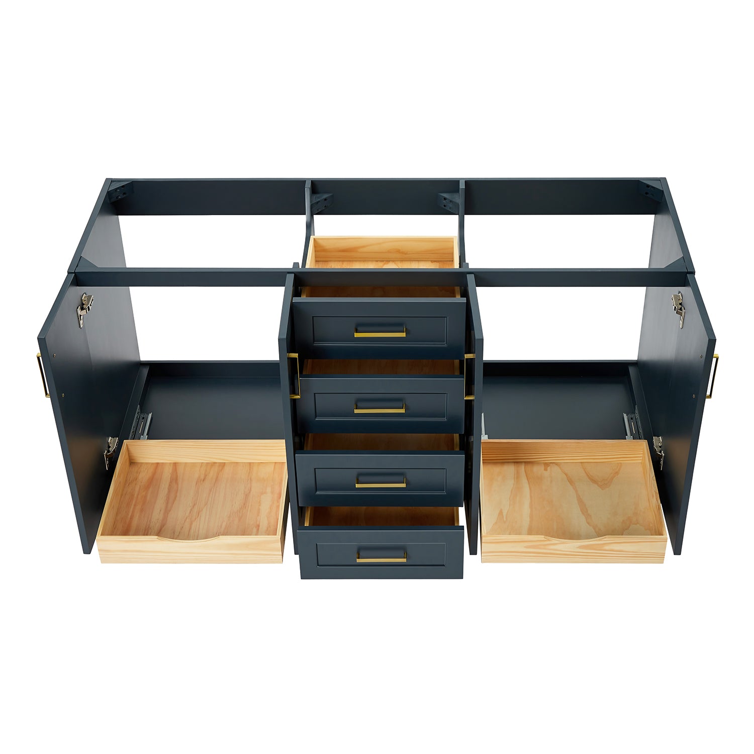 Emilia 66-inch Midnight Blue base cabinet on white back ground front view open door