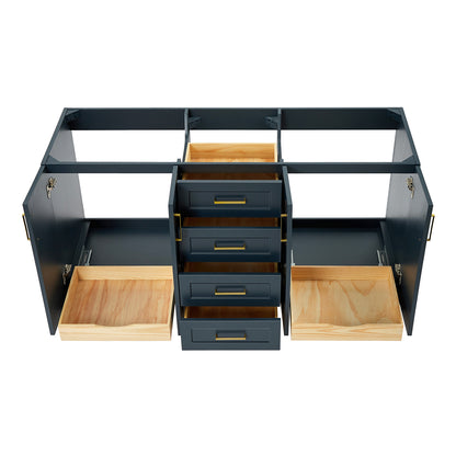 Emilia 66-inch Midnight Blue base cabinet on white back ground front view open door