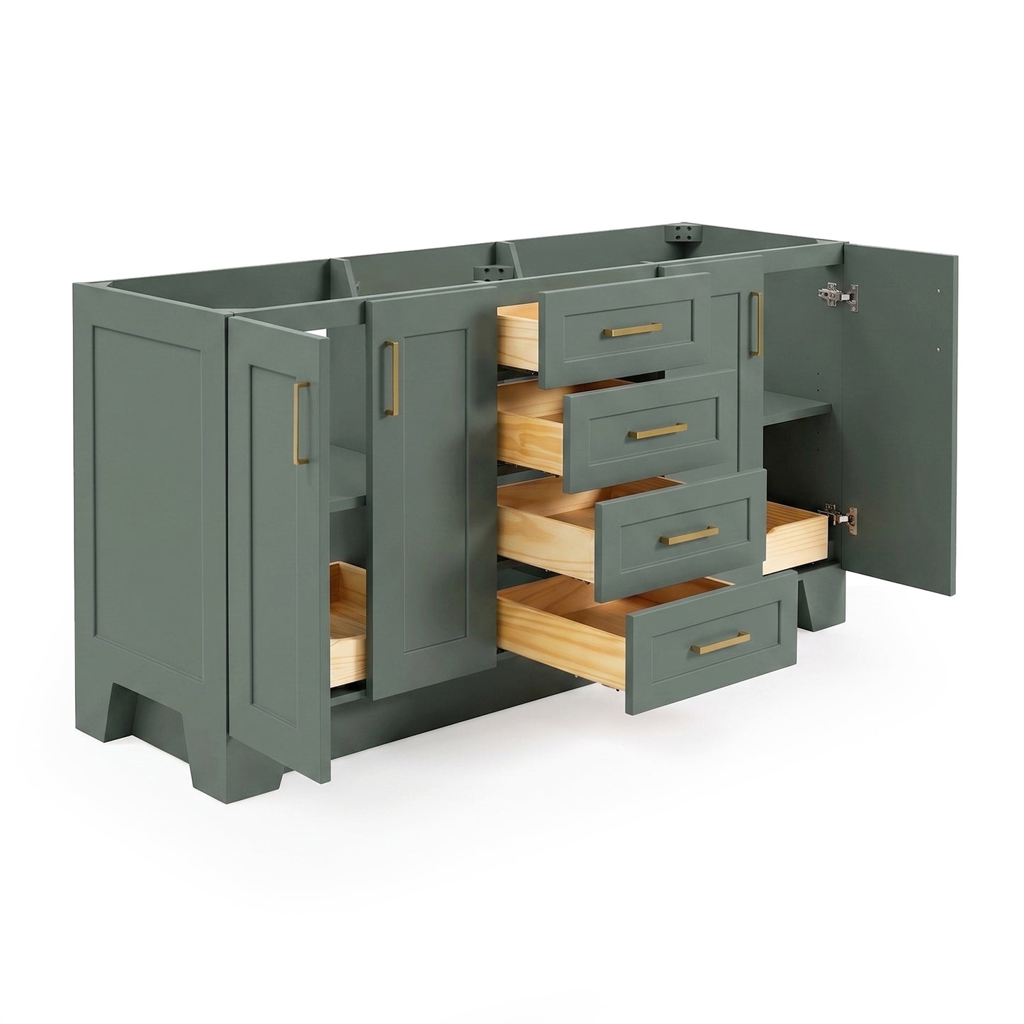 Emilia 66-inch Vintage Green base cabinet on white back ground side view open door