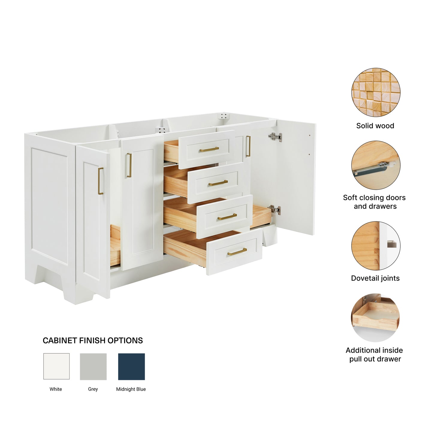 Emilia 66-inch White base cabinet on feature highlights: solid wood frame, soft-close doors and drawers, Sherwin-Williams paint finish