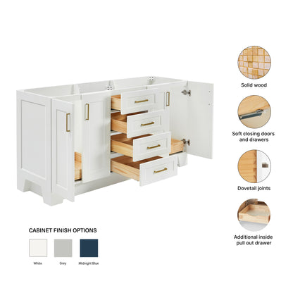 Emilia 66-inch White base cabinet on feature highlights: solid wood frame, soft-close doors and drawers, Sherwin-Williams paint finish