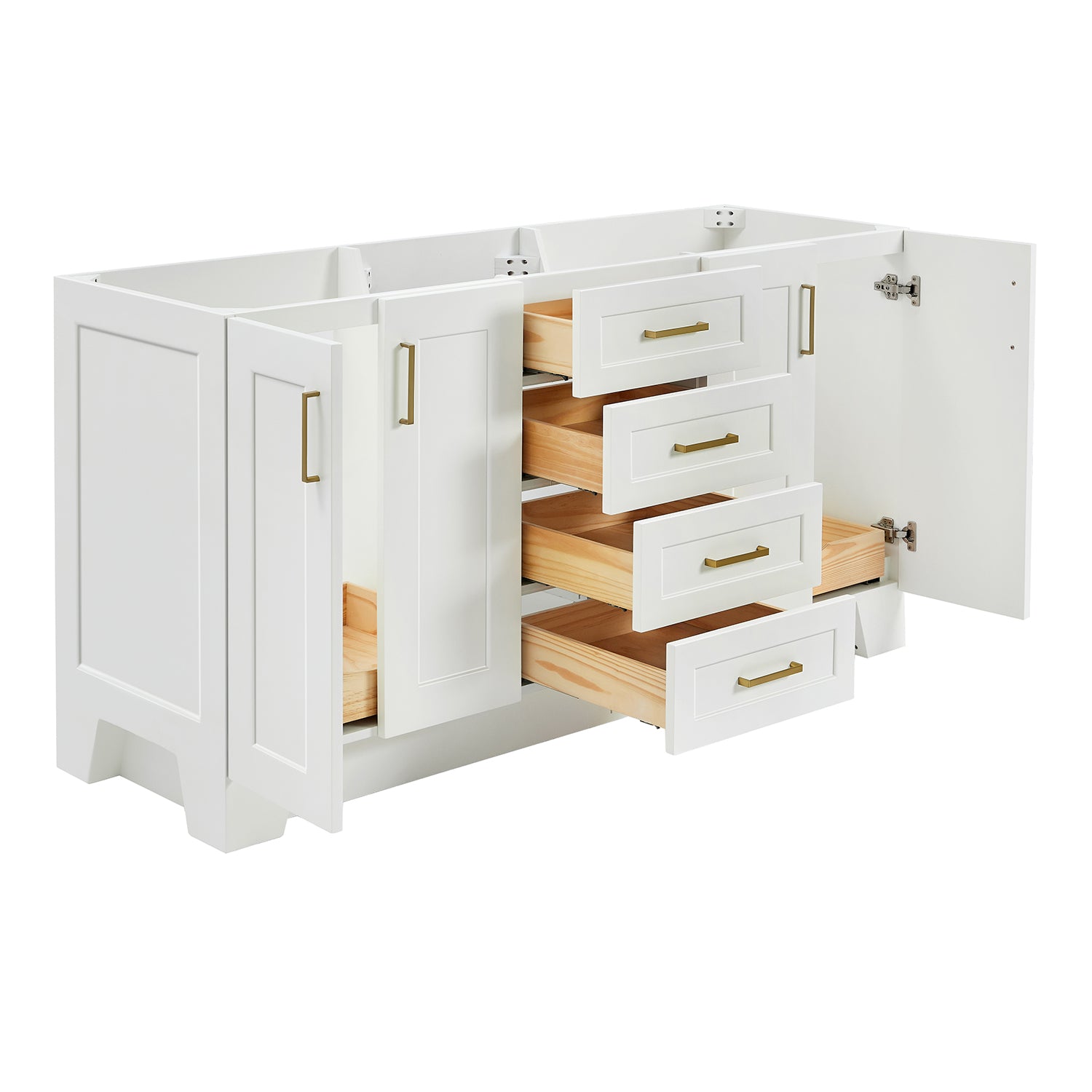 Emilia 66-inch White base cabinet on white back ground side view open door