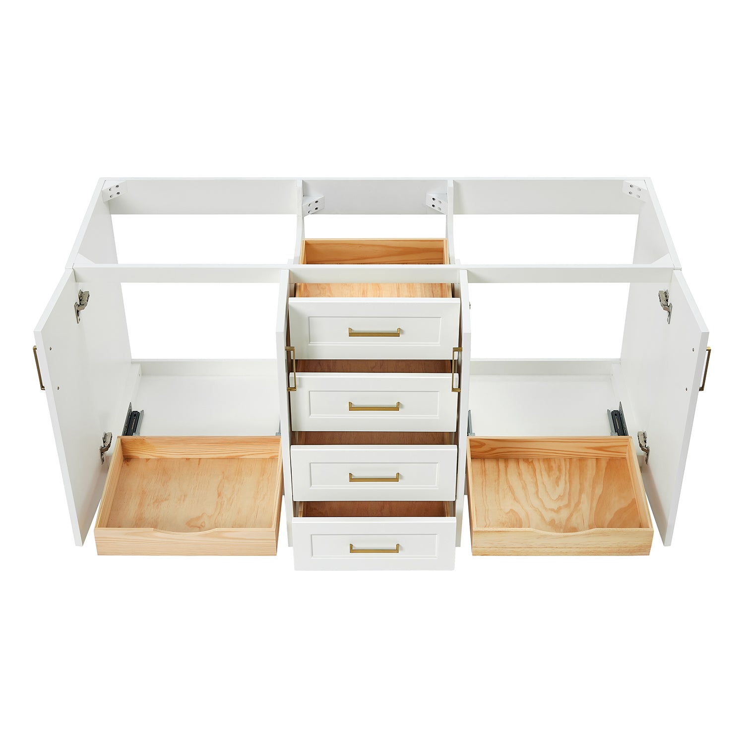 Emilia 66-inch White base cabinet on white back ground front view open door