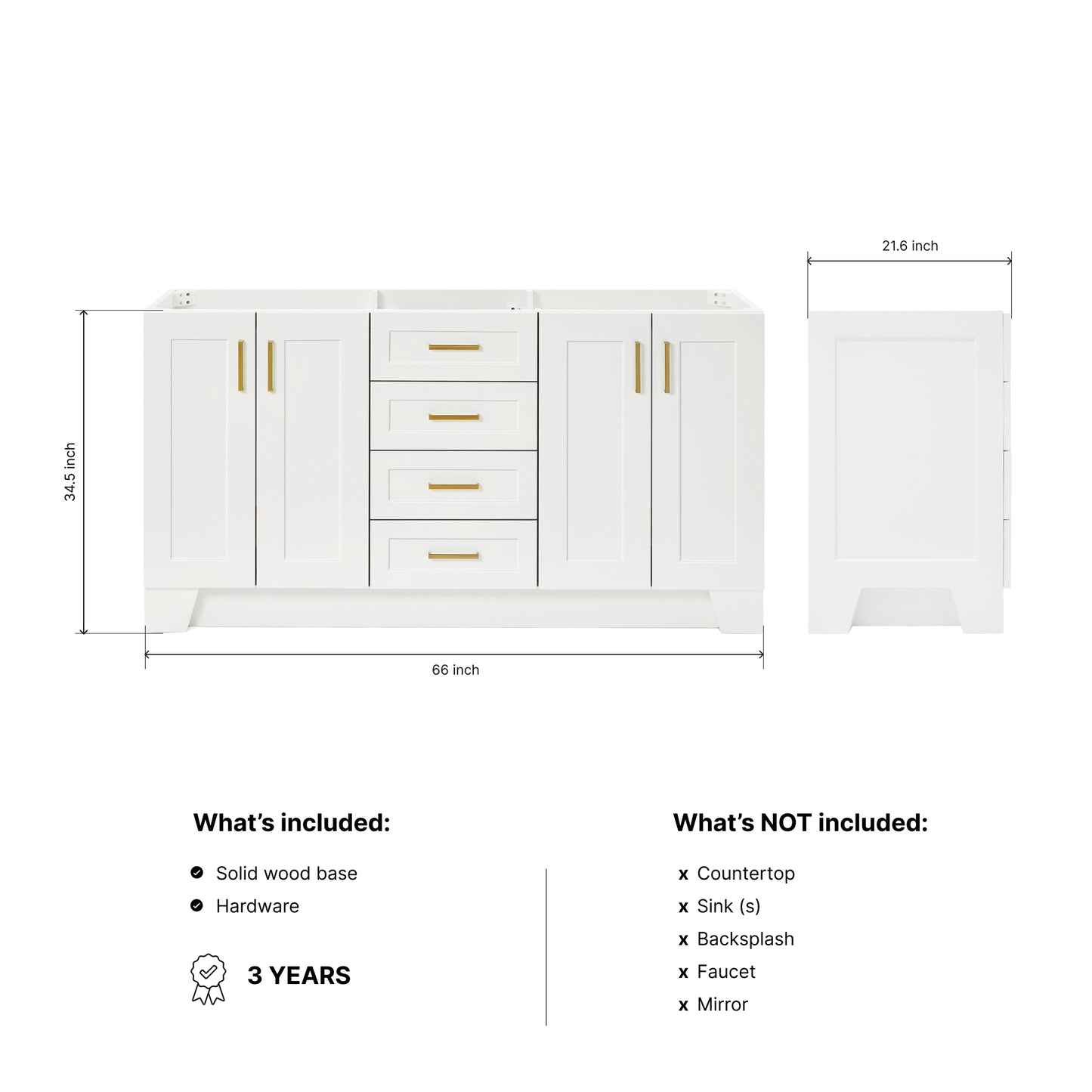 Emilia 66-inch White base cabinet on dimensions