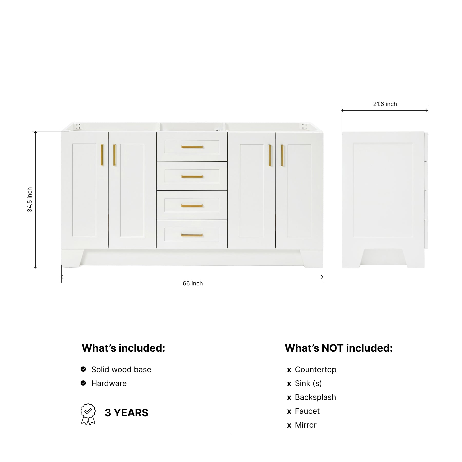 Emilia 66-inch White base cabinet on dimensions