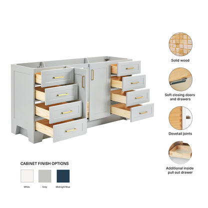 Emilia 66-inch Grey base cabinet on feature highlights: solid wood frame, soft-close doors and drawers, Sherwin-Williams paint finish