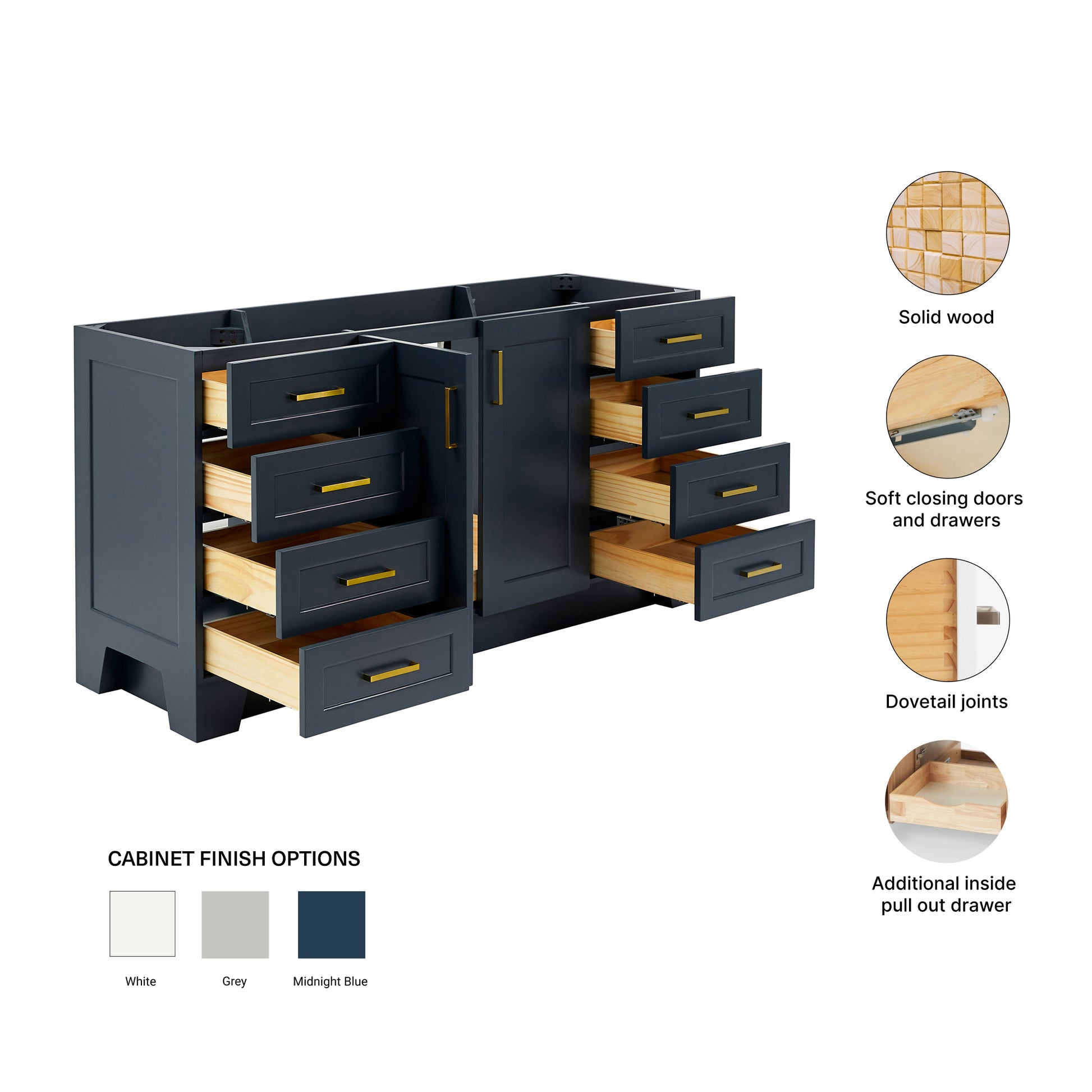 Emilia 66-inch Midnight Blue base cabinet on feature highlights: solid wood frame, soft-close doors and drawers, Sherwin-Williams paint finish