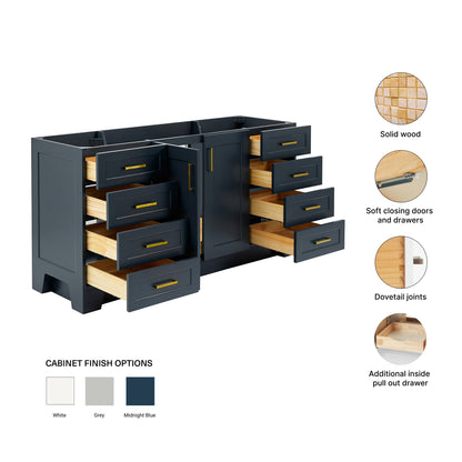 Emilia 66-inch Midnight Blue base cabinet on feature highlights: solid wood frame, soft-close doors and drawers, Sherwin-Williams paint finish