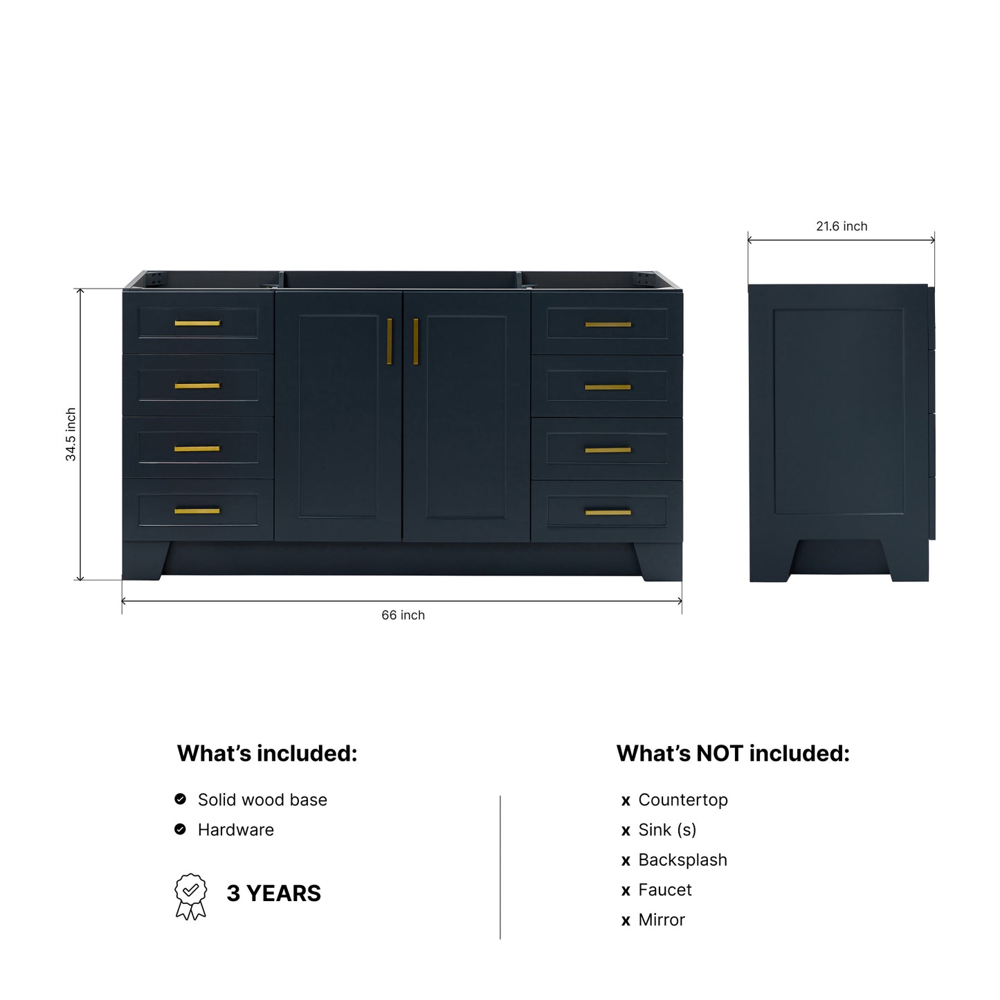 Emilia 66-inch Midnight Blue base cabinet on dimensions