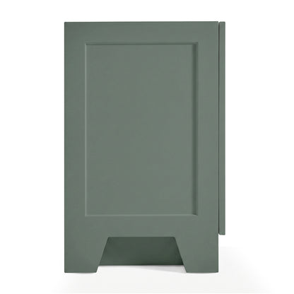 Emilia 66-inch Vintage Green base cabinet on white back ground side view open door