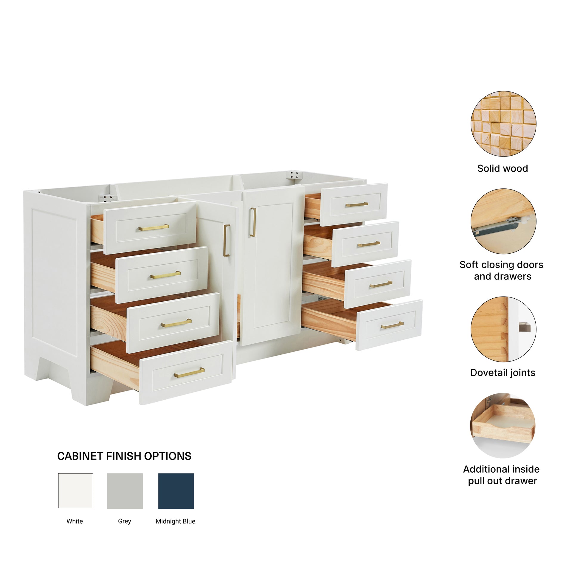 Emilia 66-inch White base cabinet on feature highlights: solid wood frame, soft-close doors and drawers, Sherwin-Williams paint finish