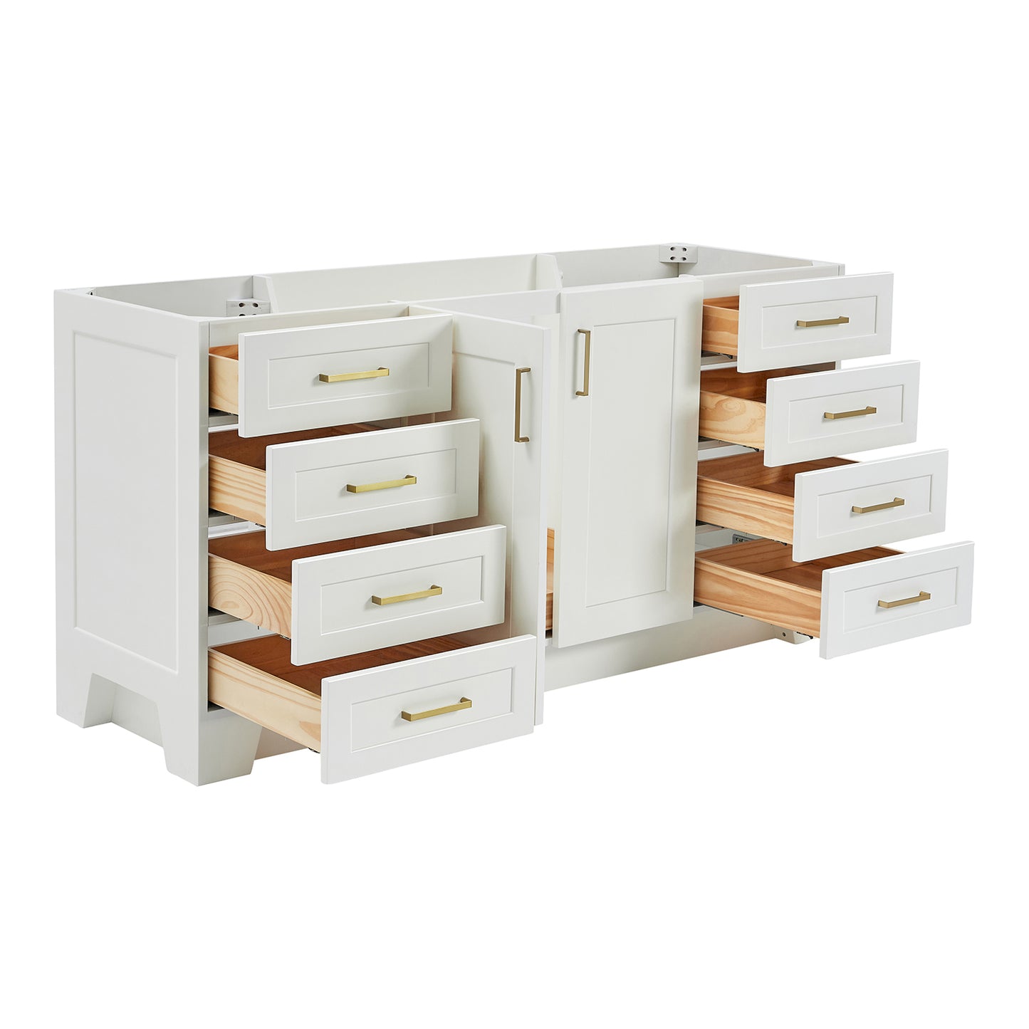 Emilia 66-inch White base cabinet on white back ground side view open door