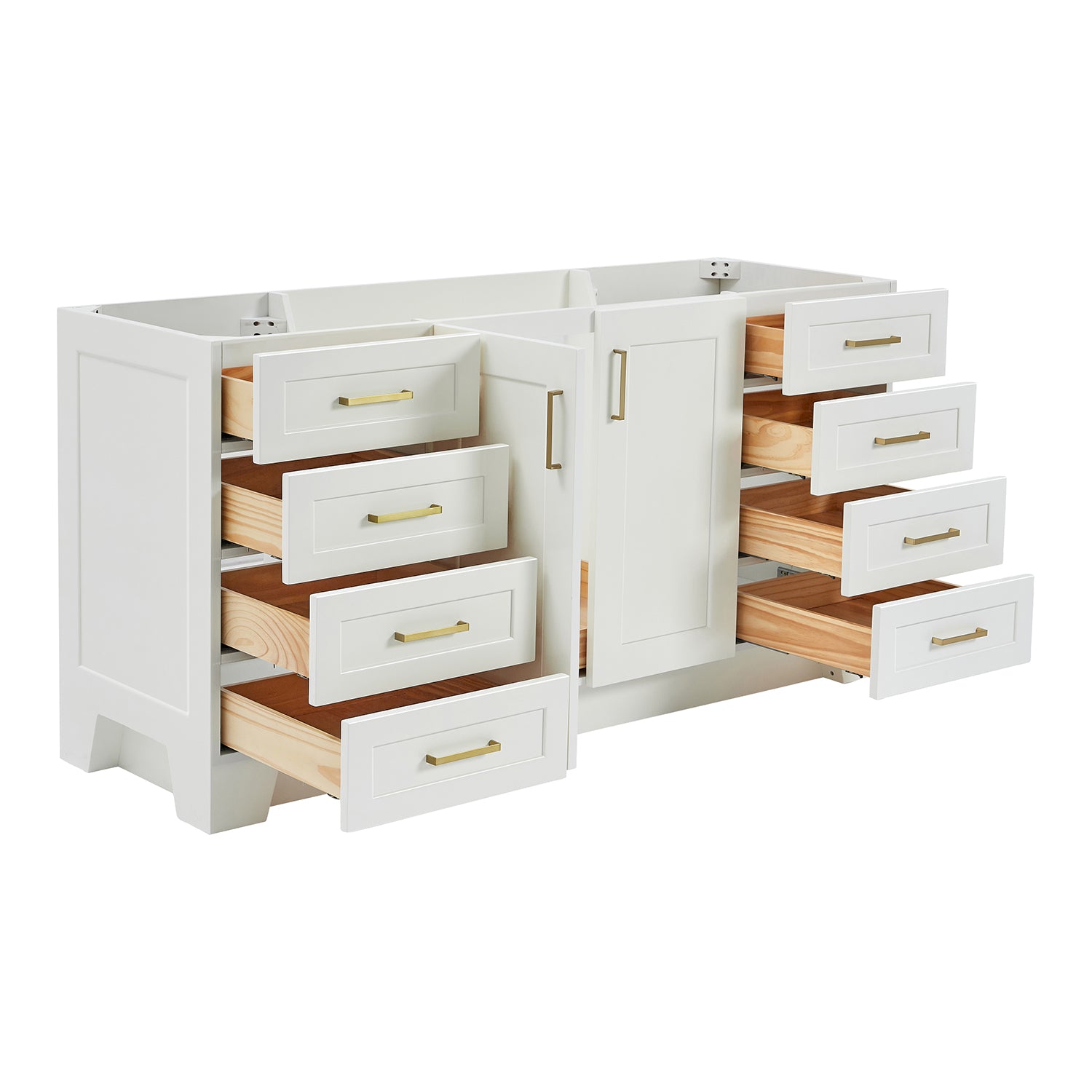 Emilia 66-inch White base cabinet on white back ground side view open door