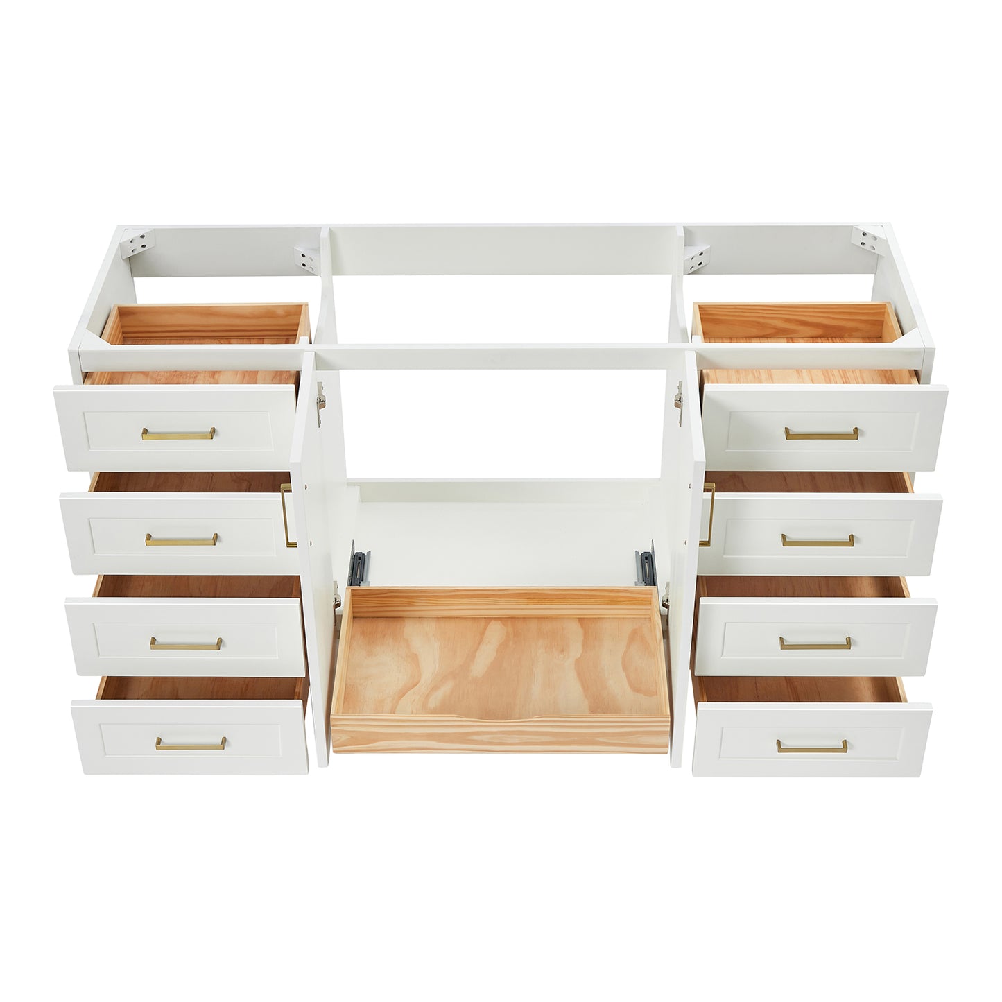 Emilia 66-inch White base cabinet on white back ground front view open door