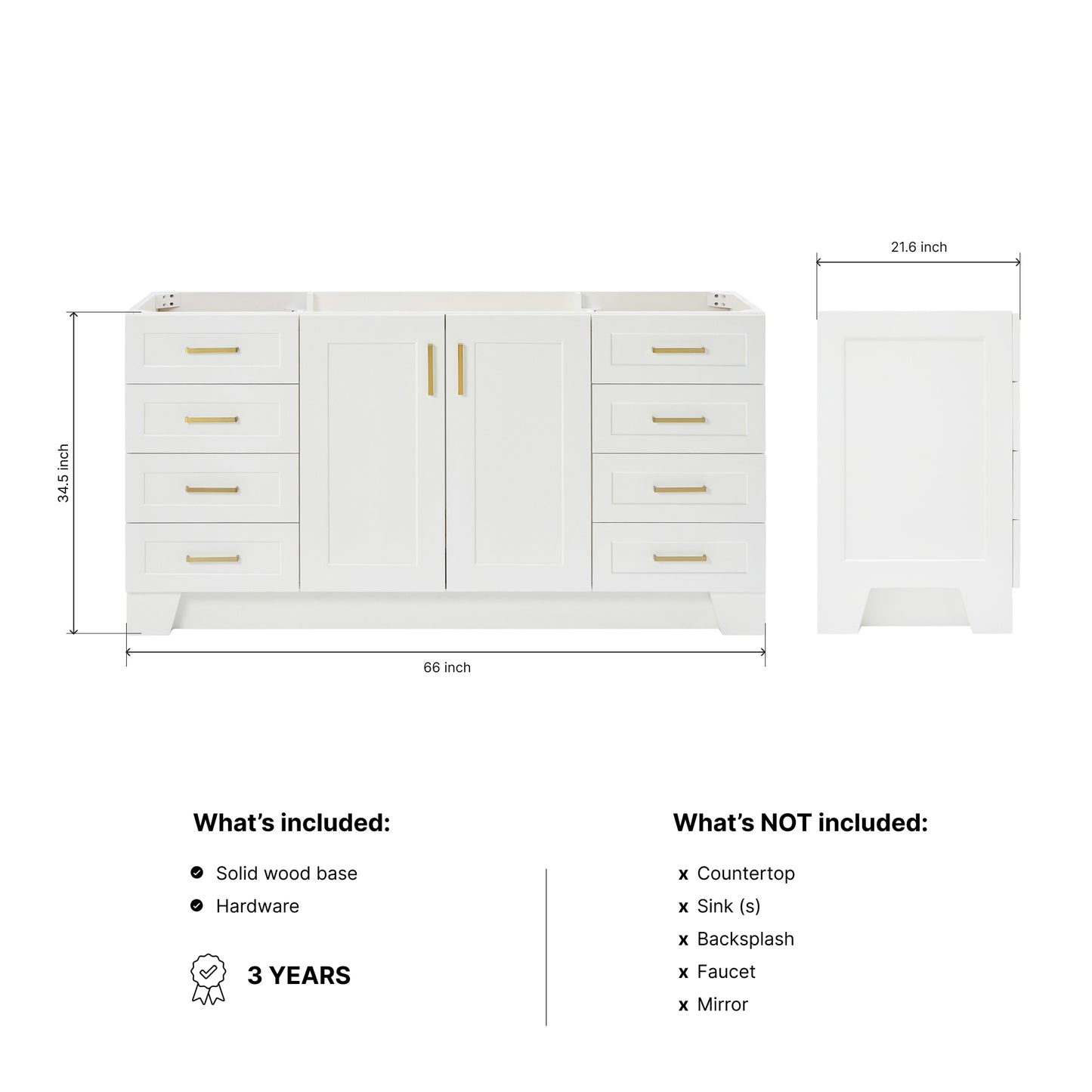 Emilia 66-inch White base cabinet on dimensions