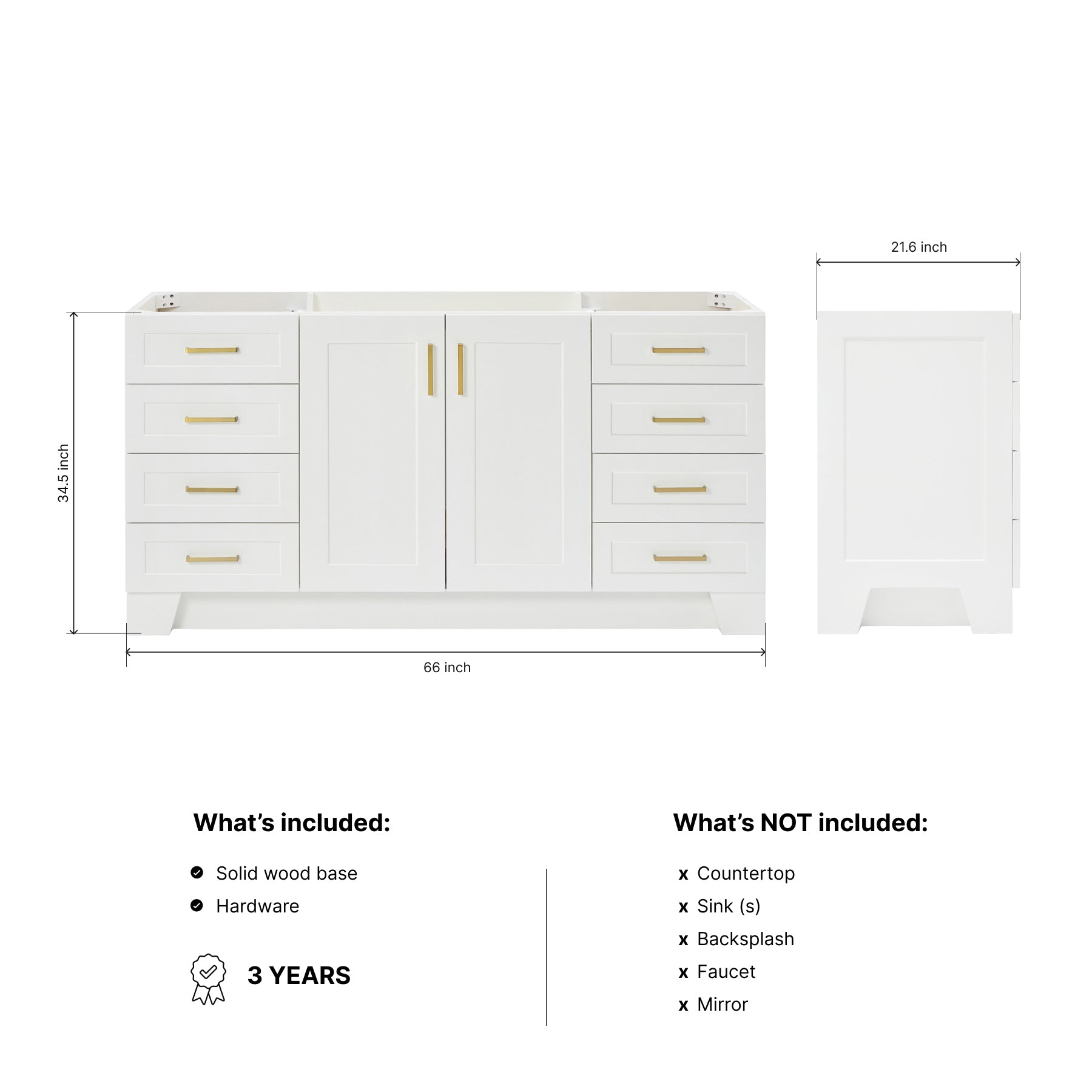 Emilia 66-inch White base cabinet on dimensions