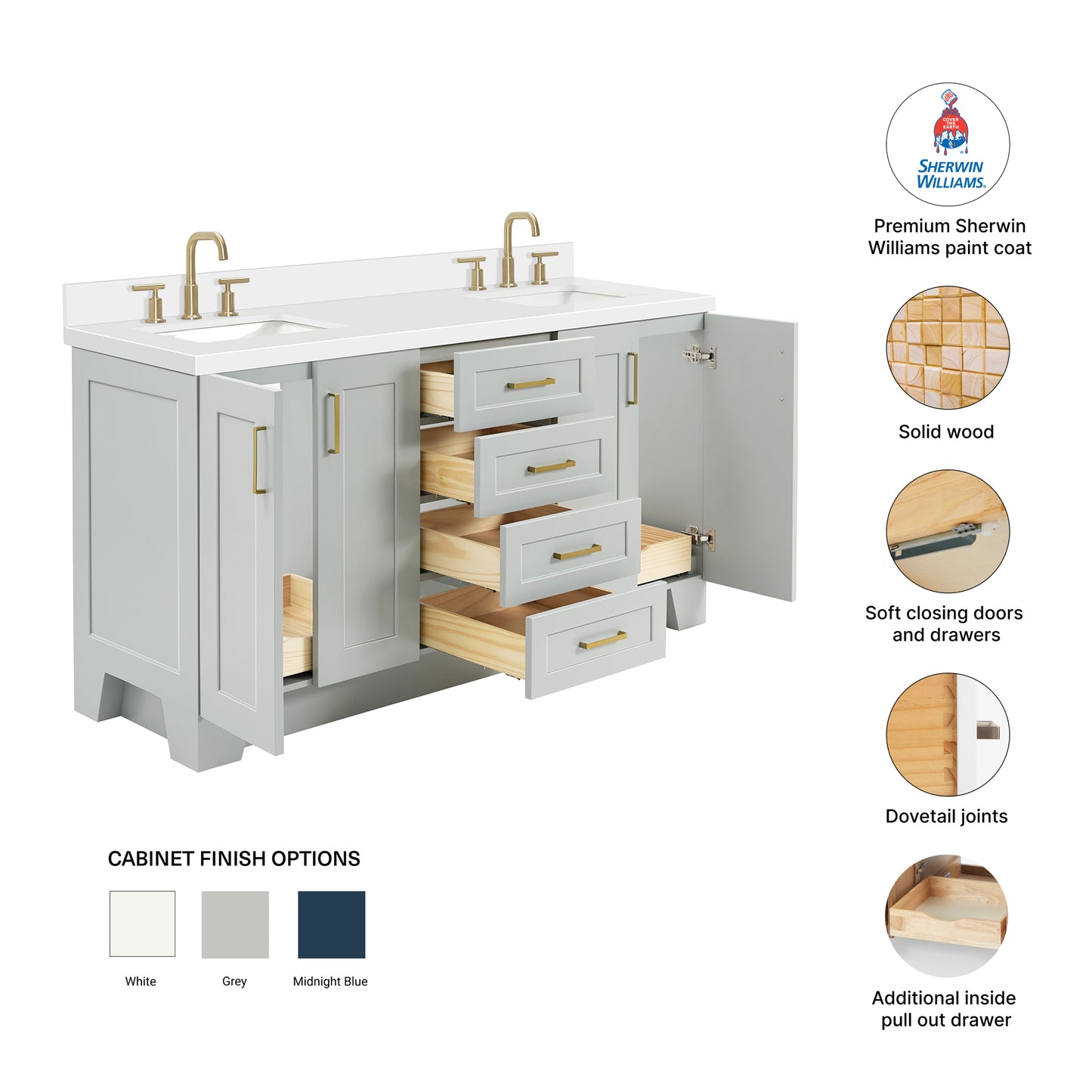 Emilia 66-Inch Grey bathroom vanity – feature highlights: solid wood frame, soft-close doors and drawers, Sherwin-Williams paint finish