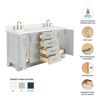 Emilia 66-Inch Grey bathroom vanity – feature highlights: solid wood frame, soft-close doors and drawers, Sherwin-Williams paint finish