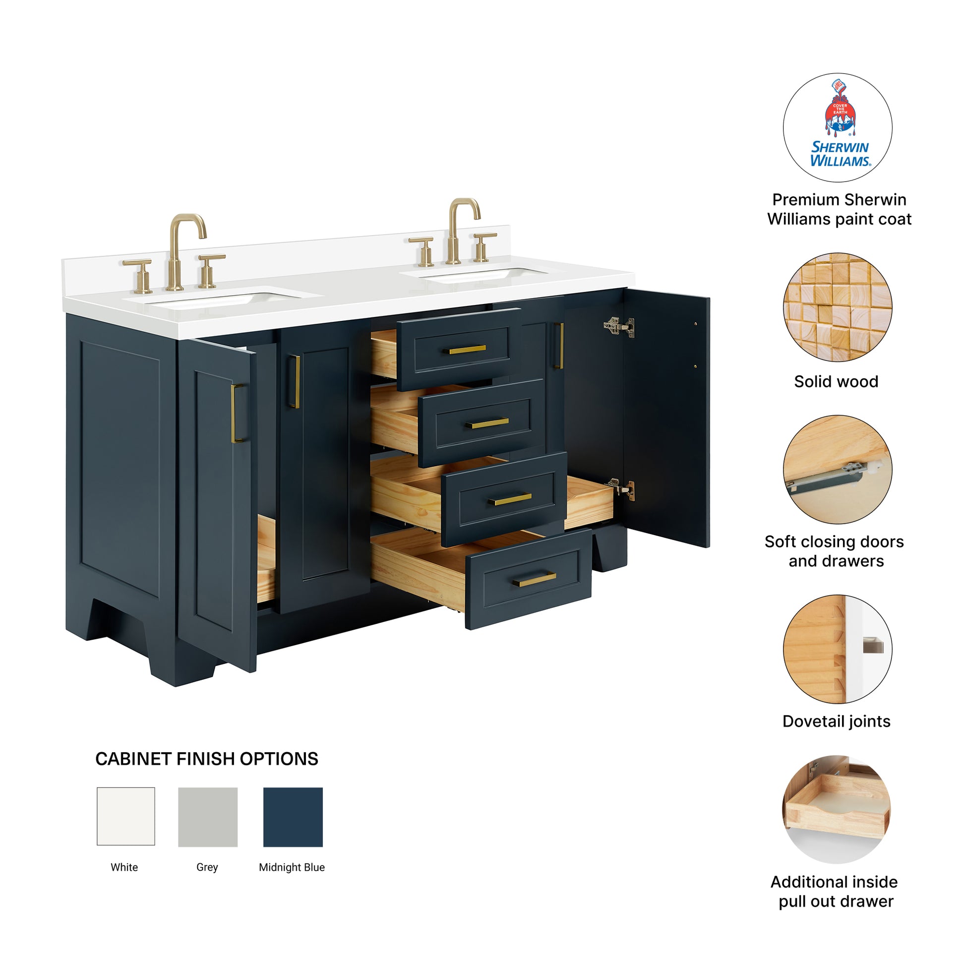 Emilia 66-Inch Midnight Blue bathroom vanity – feature highlights: solid wood frame, soft-close doors and drawers, Sherwin-Williams paint finish