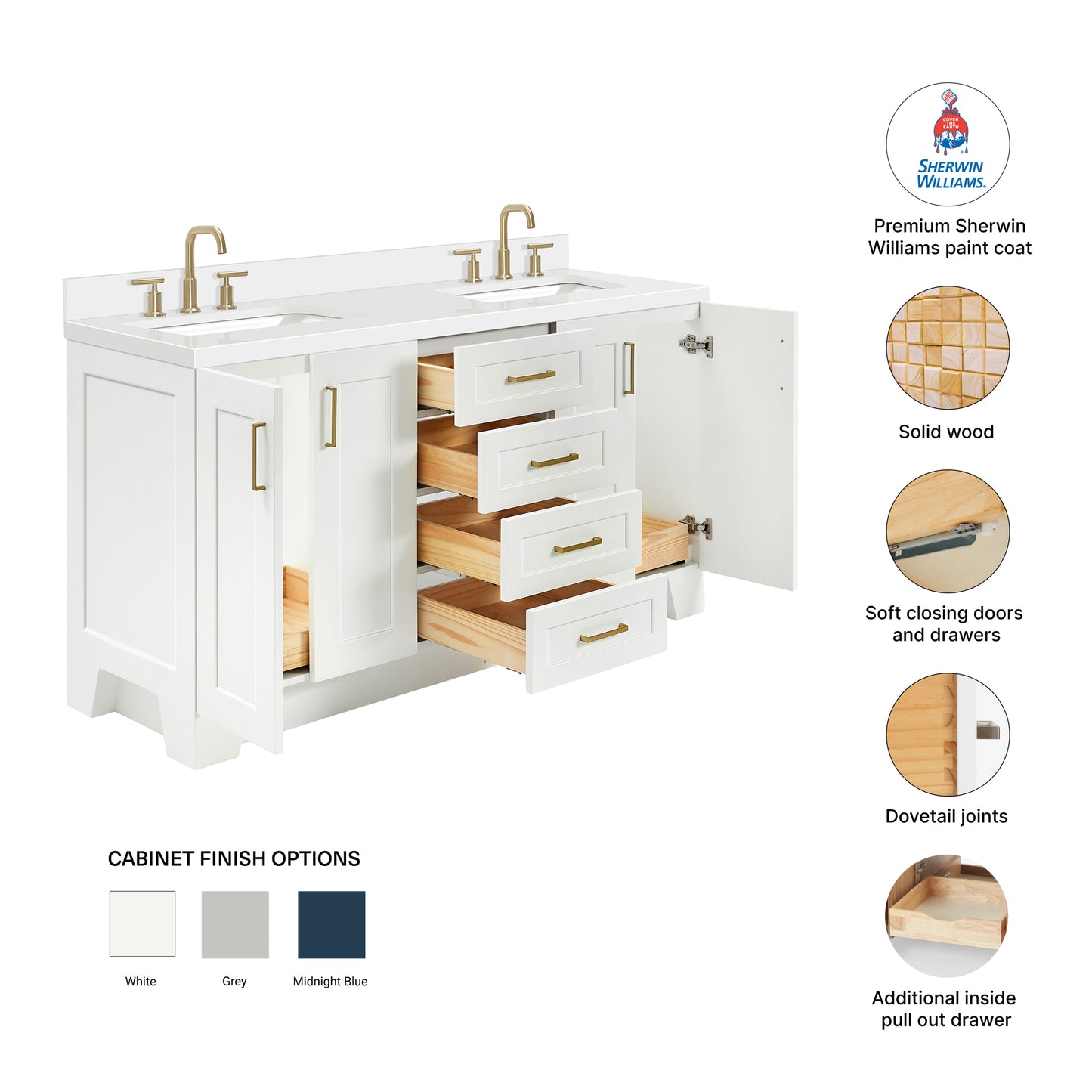 Emilia 66-Inch White bathroom vanity – feature highlights: solid wood frame, soft-close doors and drawers, Sherwin-Williams paint finish