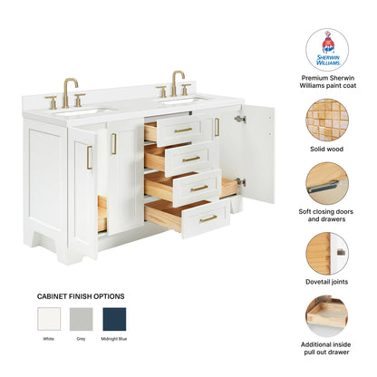 Emilia 66-Inch White bathroom vanity – feature highlights: solid wood frame, soft-close doors and drawers, Sherwin-Williams paint finish