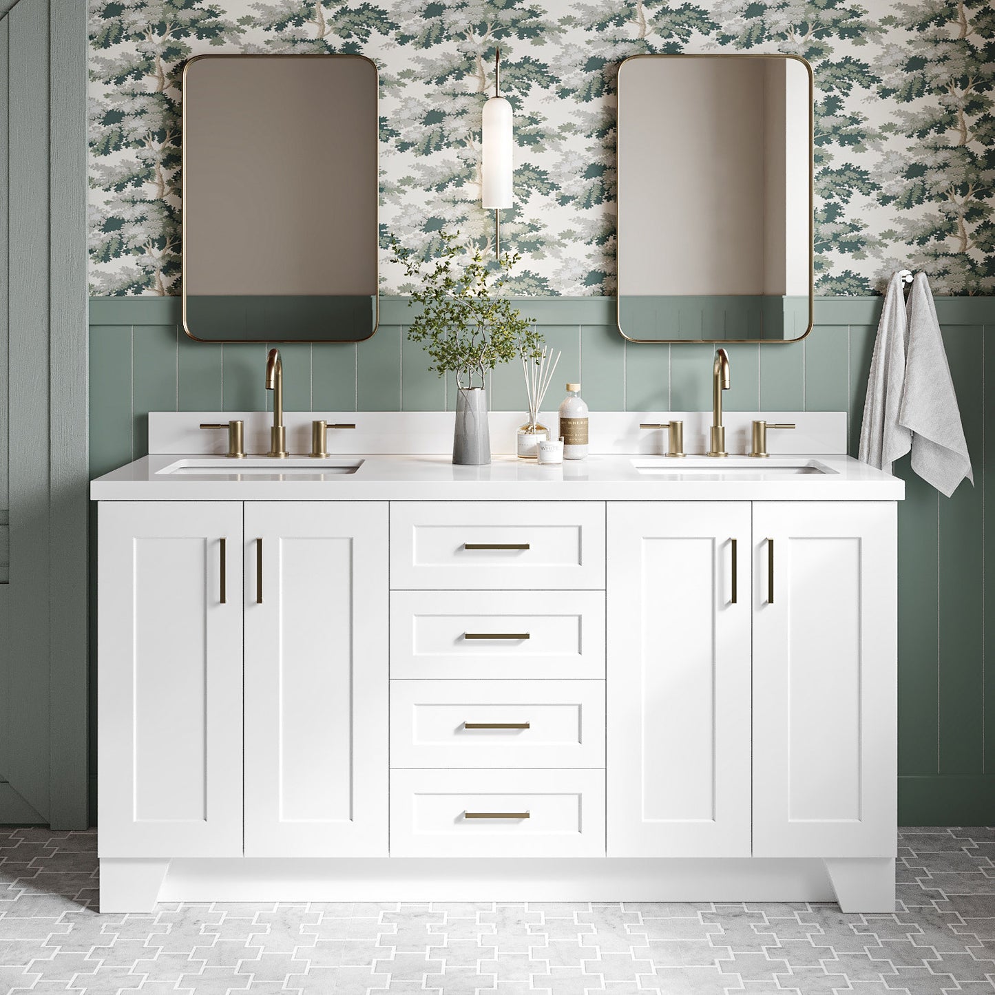 Emilia 66-Inch White bathroom vanity in styled bathroom setting