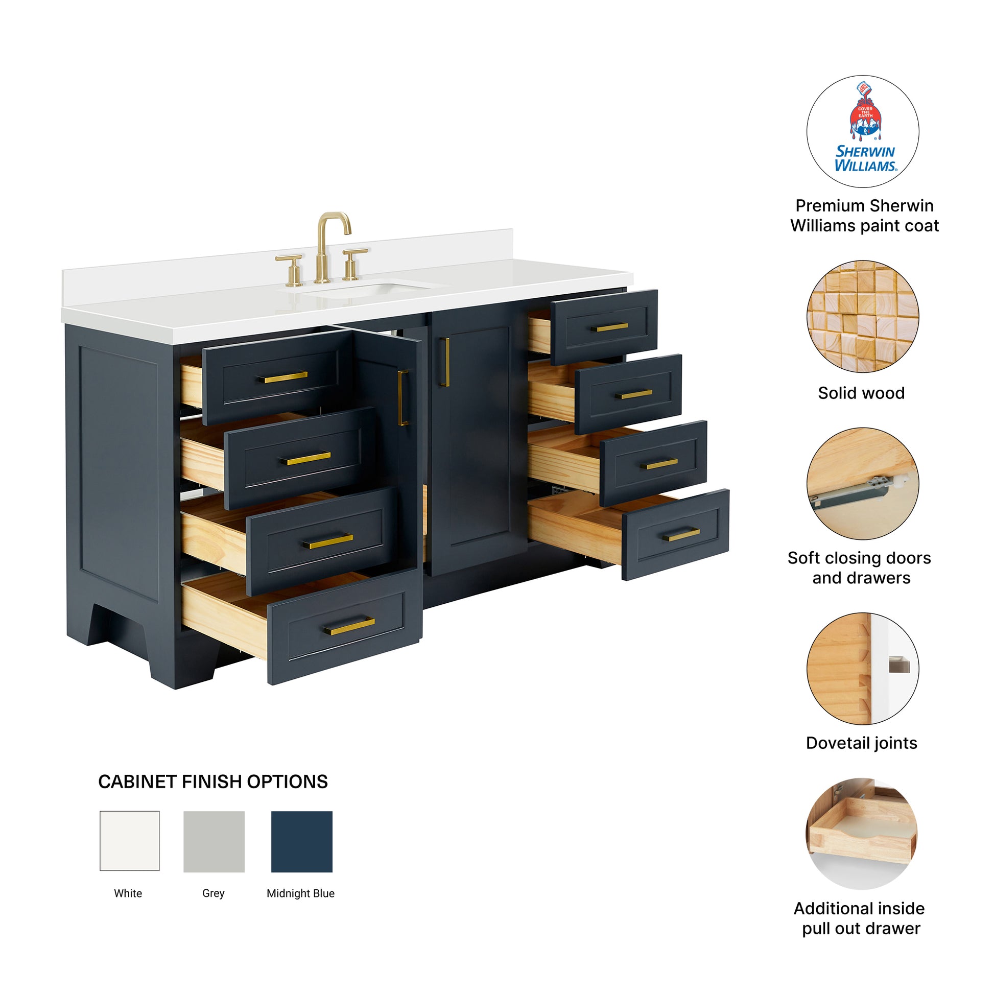Emilia 66-Inch Midnight Blue bathroom vanity – feature highlights: solid wood frame, soft-close doors and drawers, Sherwin-Williams paint finish