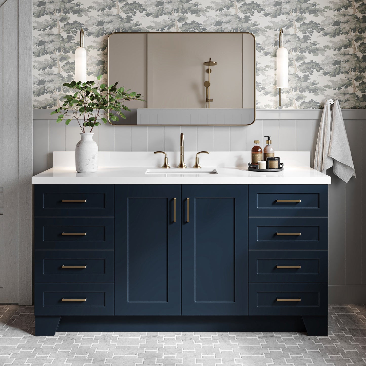 Emilia 66-Inch Midnight Blue bathroom vanity in styled bathroom setting