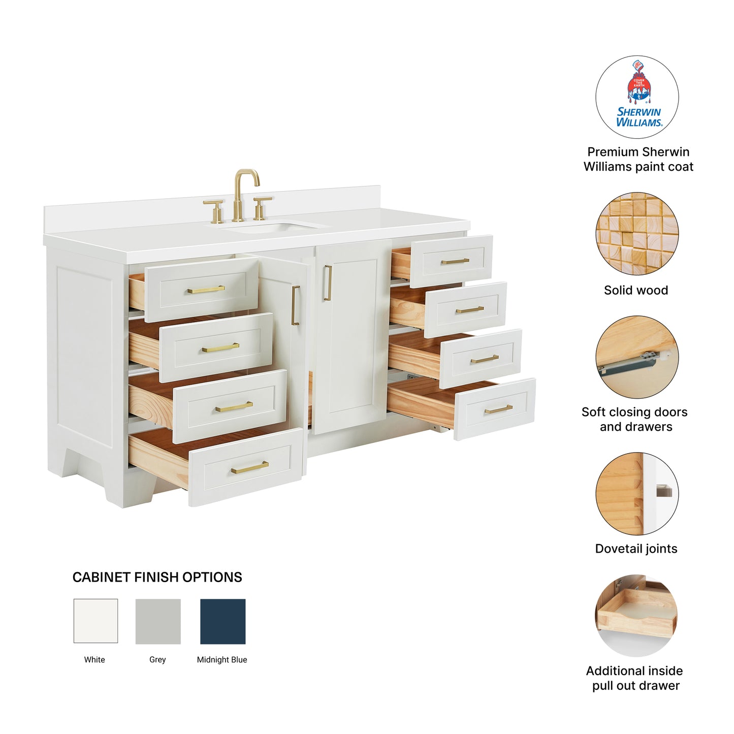 Emilia 66-Inch White bathroom vanity – feature highlights: solid wood frame, soft-close doors and drawers, Sherwin-Williams paint finish