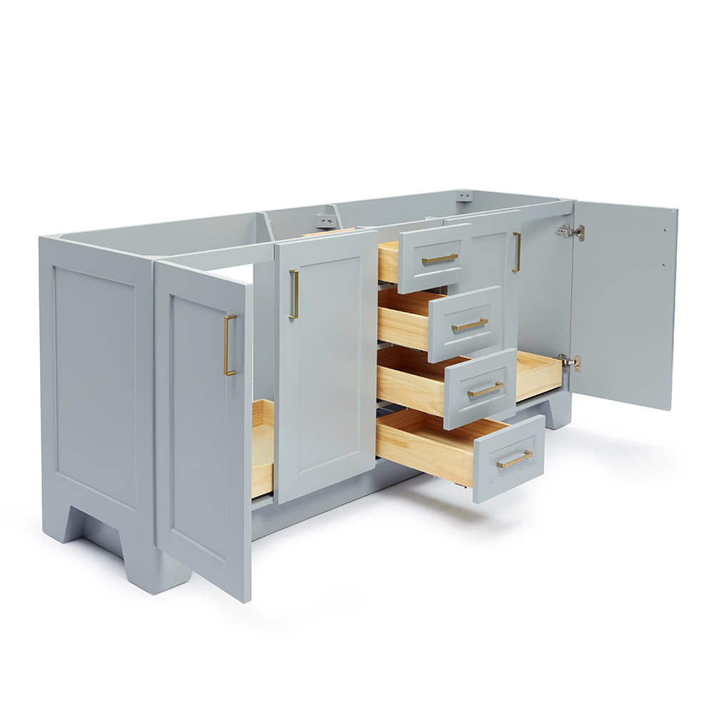 Emilia 72-inch Grey base cabinet on white back ground side view open door