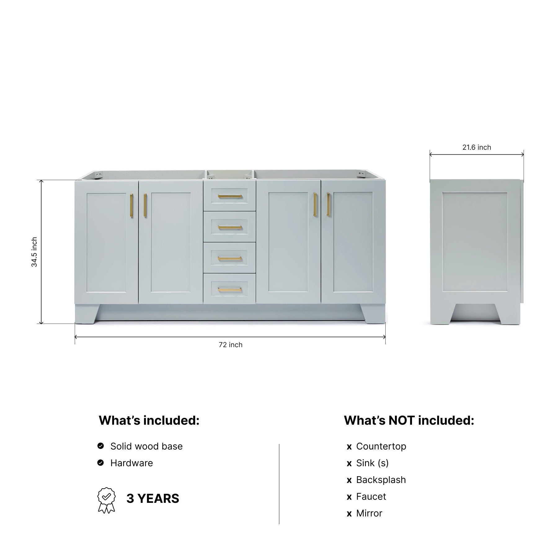 Emilia 72-inch Grey base cabinet on dimensions