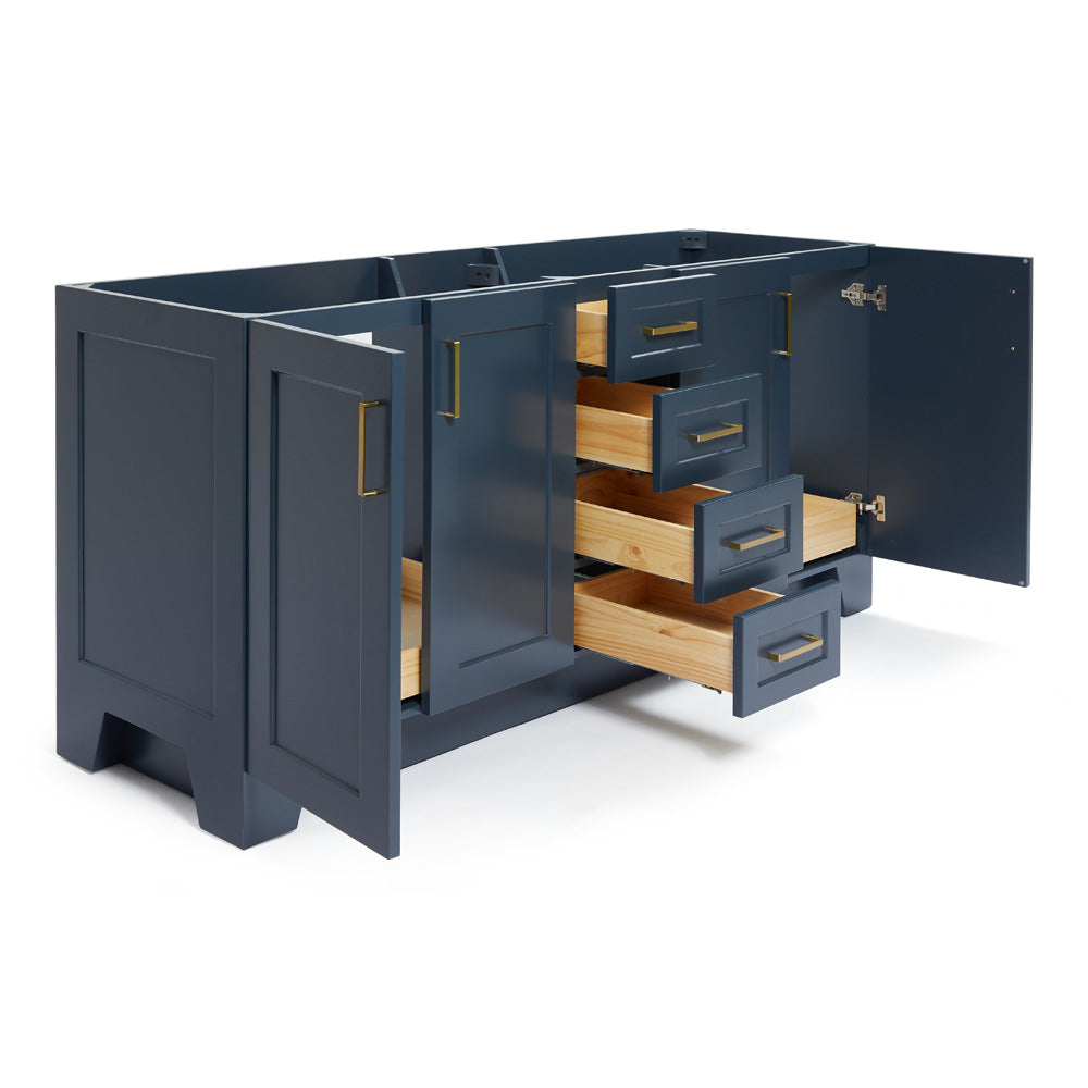 Emilia 72-inch Midnight Blue base cabinet on white back ground side view open door