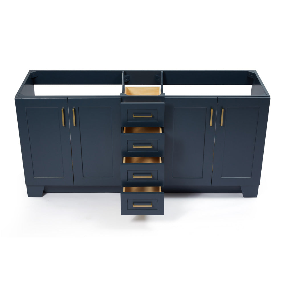 Emilia 72-inch Midnight Blue base cabinet on white back ground front view open door