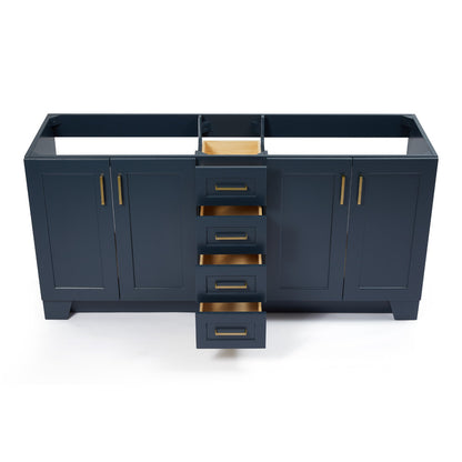 Emilia 72-inch Midnight Blue base cabinet on white back ground front view open door