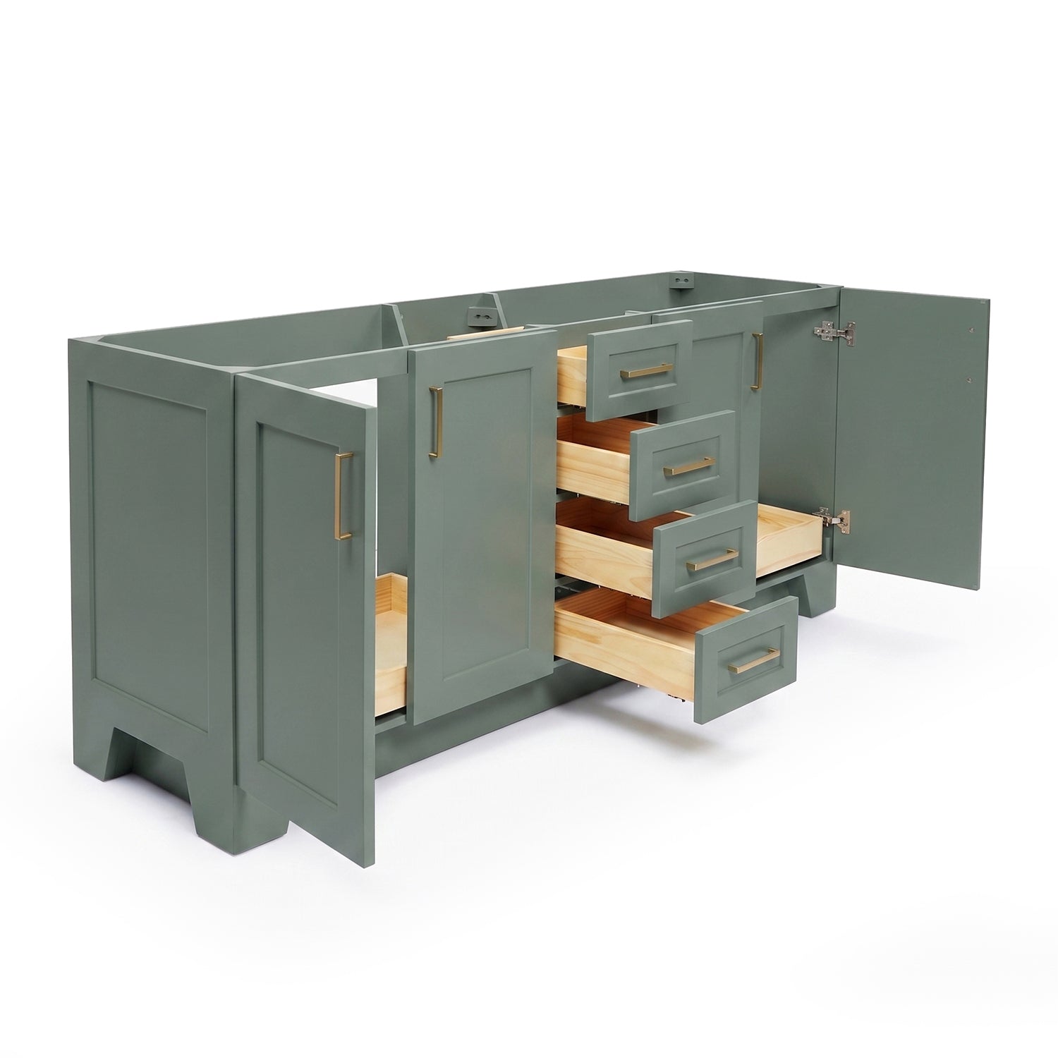 Emilia 72-inch Vintage Green base cabinet on white back ground side view open door